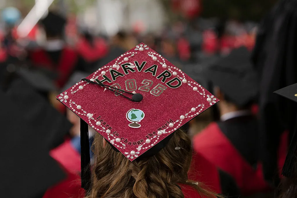 A graduate's cap during Harvard's commencement ceremony on May 29, in Cambridge, Massachusetts.
